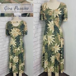 90s Hawaiian safari Shift princess cut Dress maxi Large Leaf Print Size M/L